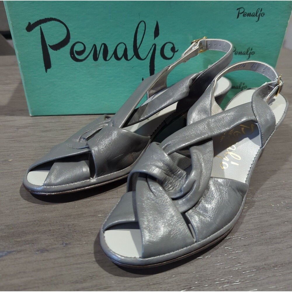 Vintage 1970s Penaljo Silver Metallic Leather Slingback Disco Sandals Peep...